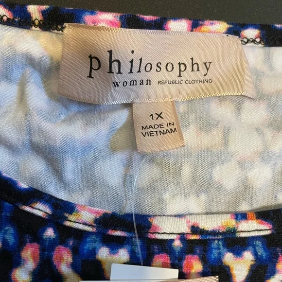 Philosophy Print Tunic Top Black, Blue, and Pink, Size 1X New - Picture 4 of 8